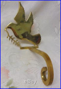 Vintage Polished Brass Heavy Christmas Peace Dove Stocking Mantel Hook Holder
