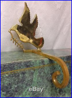 Vintage Polished Brass Heavy Christmas Peace Dove Stocking Mantel Hook Holder