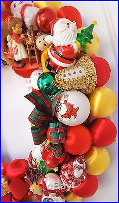 Vintage Satin Flocked Christmas Ornament Wreath Hand Crafted 24 Santa Gnome Elf
