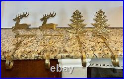 Vintage Set Of 4 Brass Christmas Stocking Holders Hooks Tree Reindeer READ DESC