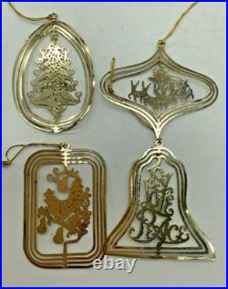 Vintage Set of 4 Christmas Fantasy Gold Plated Brass Ornaments Tree Sleigh Joy Vintage Set of 4 Christmas Fantasy Gold Plated Brass Ornaments Tree Sleigh Joy