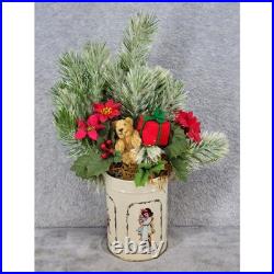 Vintage Style Christmas Floral Arrangement in Victorian Tin Teddy Bear Frosted