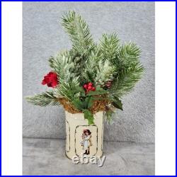 Vintage Style Christmas Floral Arrangement in Victorian Tin Teddy Bear Frosted