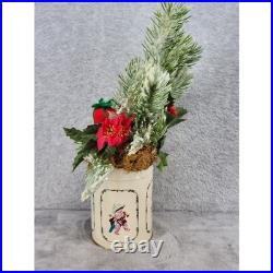 Vintage Style Christmas Floral Arrangement in Victorian Tin Teddy Bear Frosted