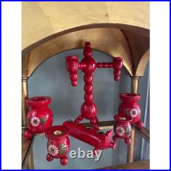 Vintage Swedish 4 Arm Candelabra Wood Red Mid Century Sweden Folk Art set 6