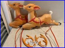 Vintage Two Large Blow Mold Santas Reindeer For Sleigh With Two Straps & Antlers