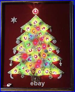 Vintage Uranium Glass Jewelry Christmas Tree Framed Art WithLights 21x17 OOAK