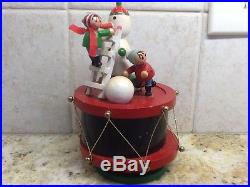 Vintage Wood Christmas Drum Music Box Boy with Snowman-Dreaming of White Xmas