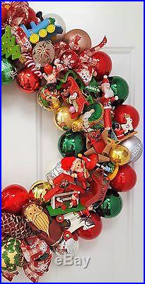 Vintage Wood & Glass Ornament 24 Christmas Holiday Wreath Hand Crafted Santa