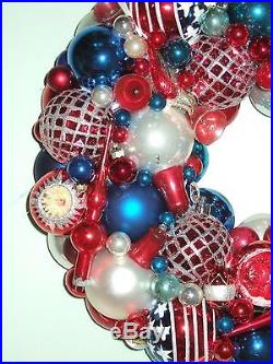 Vintage handmade christmas ornament wreath red white blue 17.5 glass patriotic