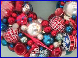 Vintage handmade christmas ornament wreath red white blue 17.5 glass patriotic