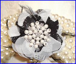Vtg Chic Shabby XMAS LUXURY Black & White Pearl Rhinestone Wreath BLING Holiday