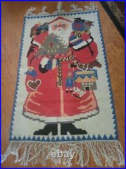 Vtg. Christmas Tapestry Santa Baba Noel Kilim Turkish Wool Folk Art