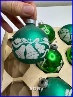 Vtg Glass Ball Green Matte Shiny Noel Frosted Christmas Ornament Set of 7