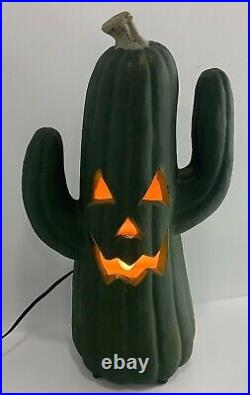Vtg Light-Up Foam Saguaro Cactus Jack-O-Lantern Green Orange Halloween Gemmy