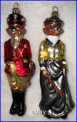 Vtg Mr & Mrs Snooty Foxes Glass Christmas Ornaments Poland Horse Hunt CH