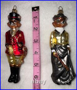 Vtg Mr & Mrs Snooty Foxes Glass Christmas Ornaments Poland Horse Hunt CH