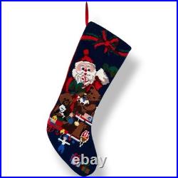 Vtg Santa Needlepoint Christmas Stocking Wool Red Velvet Navy Toy Sack Bear Gift