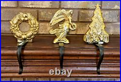 Vtg Virginia Metalcrafters Brass 3 Stocking Hanger Bundle Tree Angel Wreath