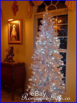 WHITE Slim Pre-Lit ICE BLUE Lites Christmas Tree 7 ft high Mid Century Modern