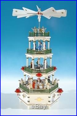 Weihnachtspyramide mit Spielwerk, weiss, grüner Zaun / 4 Etagen Höhe ca 50 cm NE