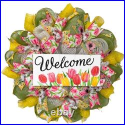 Welcome Tulips Spring Wreath Handmade Deco Mesh