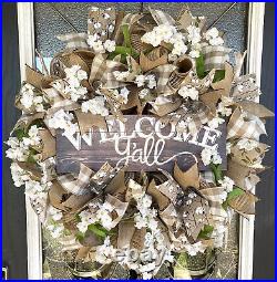 Welcome Y’all Magnolia & Cotton, Deco Mesh Front Door Wreath, Farmhouse Decor