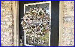 Welcome Y'all Magnolia & Cotton, Deco Mesh Front Door Wreath, Farmhouse Decor