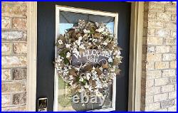 Welcome Y'all Magnolia & Cotton, Deco Mesh Front Door Wreath, Farmhouse Decor