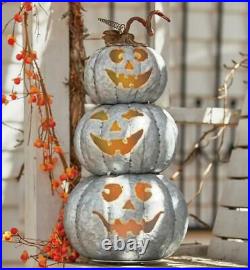 Whimsical Fall Stacked Pumpkins With LED Lights Galvanized Metal 22 H