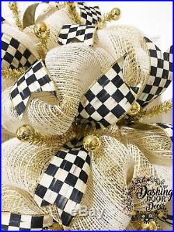 Whimsical MACKENZIE-CHILDS Courtly Check Ribbon Cream BURLAP Deco Mesh Wreath