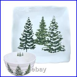 White Ceramic Square Christmas Plate & Bowl Set, withSnow Covered Pine Trees Set/8