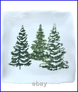 White Ceramic Square Christmas Plate & Bowl Set, withSnow Covered Pine Trees Set/8