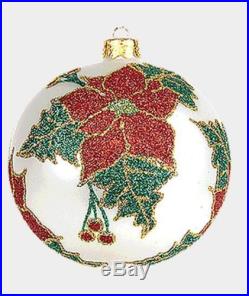 White Glitter Poinsettia Ball Polish Blown Glass Christmas Ornament Decoration