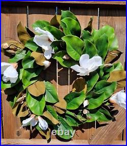White Magnolia Bloom Grapevine Wreath, Magnolia Leaves Wreath, Front Door Hanger