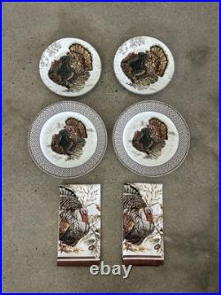 Williams Sonoma Plymouth Gate Turkey Plates Napkins Set Lot Fall Thanksgiving