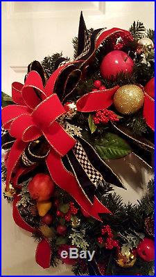 Williamsburg Christmas wreath inspired by MacKenzie Childs ribbon LED door decor