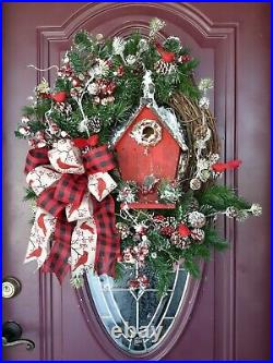 Winter Door Wreath Birdhouse Frosty Decoration Bird Decor Holiday Arrangement
