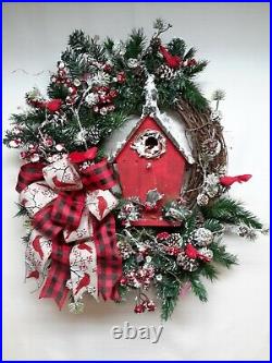 Winter Door Wreath Birdhouse Frosty Decoration Bird Decor Holiday Arrangement