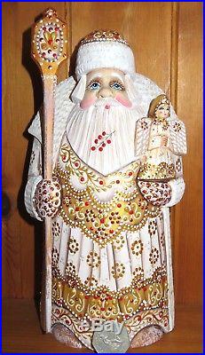 Wood FIGURE Carving Russian Doll WHITE Father FROST Christmas Santa Angel signed