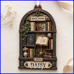 Wooden Ornament 4D Bookshelf Shaker for Bookworms Custom Name Gift