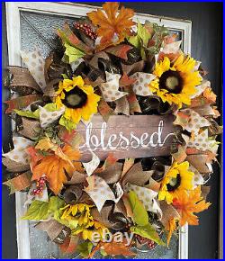 XL BLESSED Yellow Sunflower Fall Floral Deco Mesh Wreath Thanksgiving Home Decor