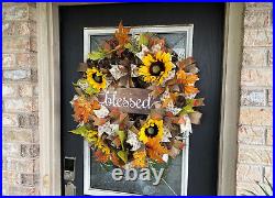 XL BLESSED Yellow Sunflower Fall Floral Deco Mesh Wreath Thanksgiving Home Decor