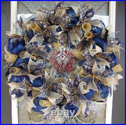 XL Dark Navy Blue and Gold Hanukkah or Christmas Deco Mesh Front Door Wreath