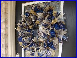 XL Dark Navy Blue and Gold Hanukkah or Christmas Deco Mesh Front Door Wreath