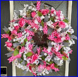 XL Floral Pink Roses Welcoming Spring Summer Deco Mesh Front Door Wreath Decor