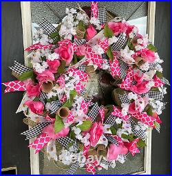 XL Floral Pink Roses Welcoming Spring Summer Deco Mesh Front Door Wreath Decor