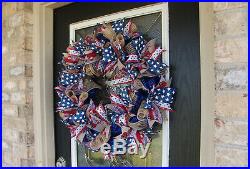 XL GLOWING Farmhouse Truck 4th Fourth of July Patriotic Deco Mesh Door Wreath