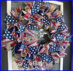 XL GLOWING Farmhouse Truck 4th Fourth of July Patriotic Deco Mesh Door Wreath