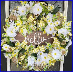 XL HELLO Lemon Lime Daisy Deco Mesh Front Door Wreath Handmade Summer Decor